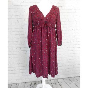 MNG SUIT Long Sleeve w POCKETS Birds Midi Empire Waist Burgundy Dress